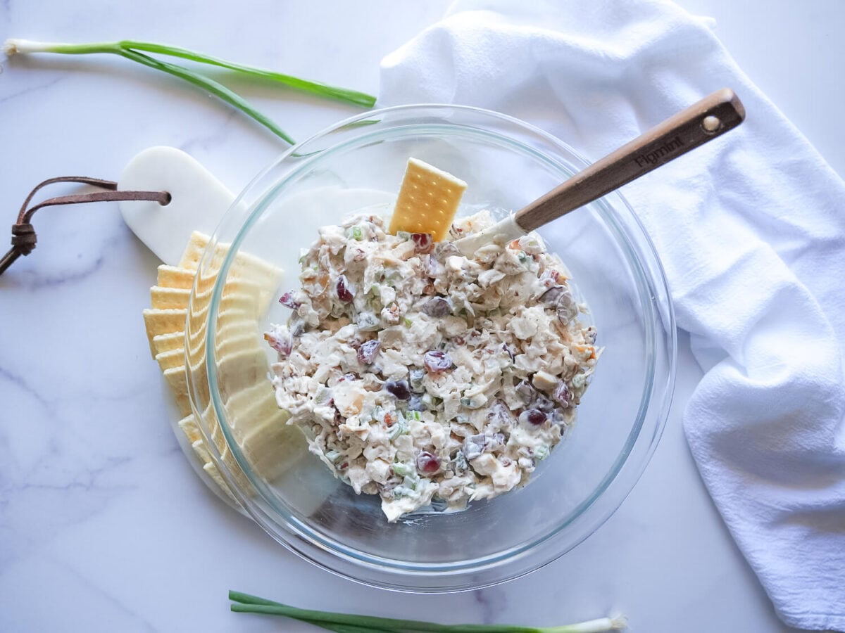 top down view of chicken salad recipe with grapes