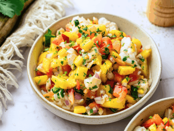 HERO side view of mango ceviche in a bowl