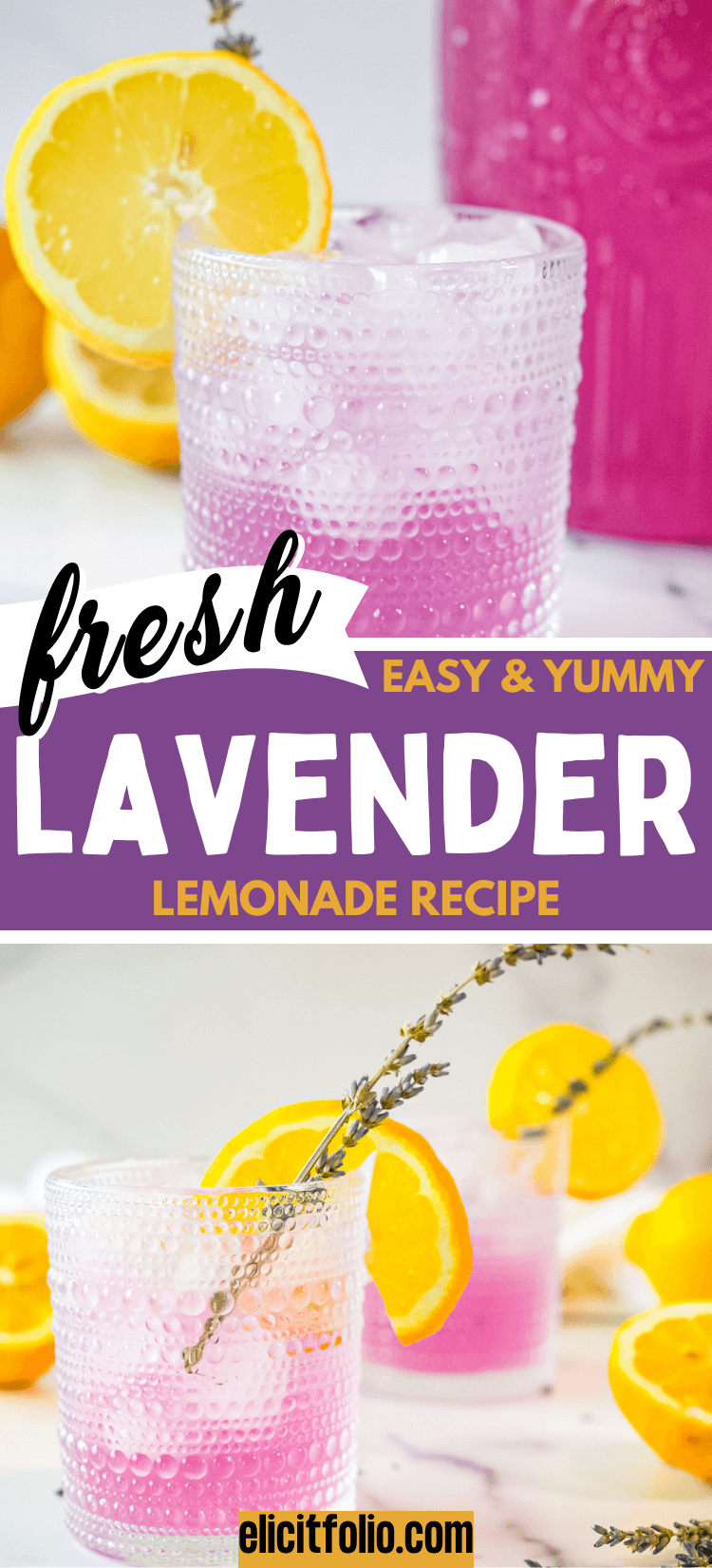 photo of a glass of lavender lemonade at the top and two glasses of lavender lemonade shown at the bottom