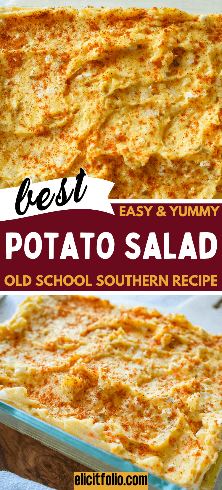 Top photo of a zoomed in potato salad with a bottom photo showing potato salad in a glass container