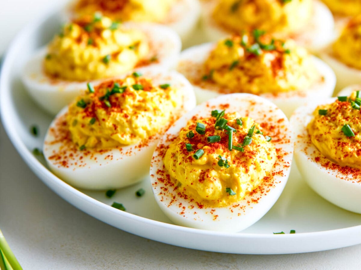 close up photo of Deviled Eggs with paprika and chives on top