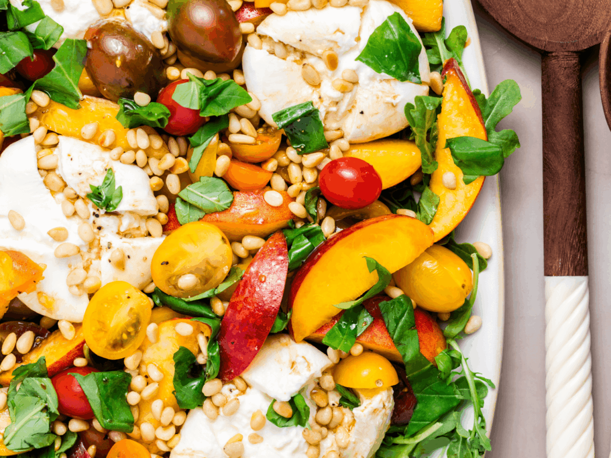 close up photo of the Peach Burrata Salad