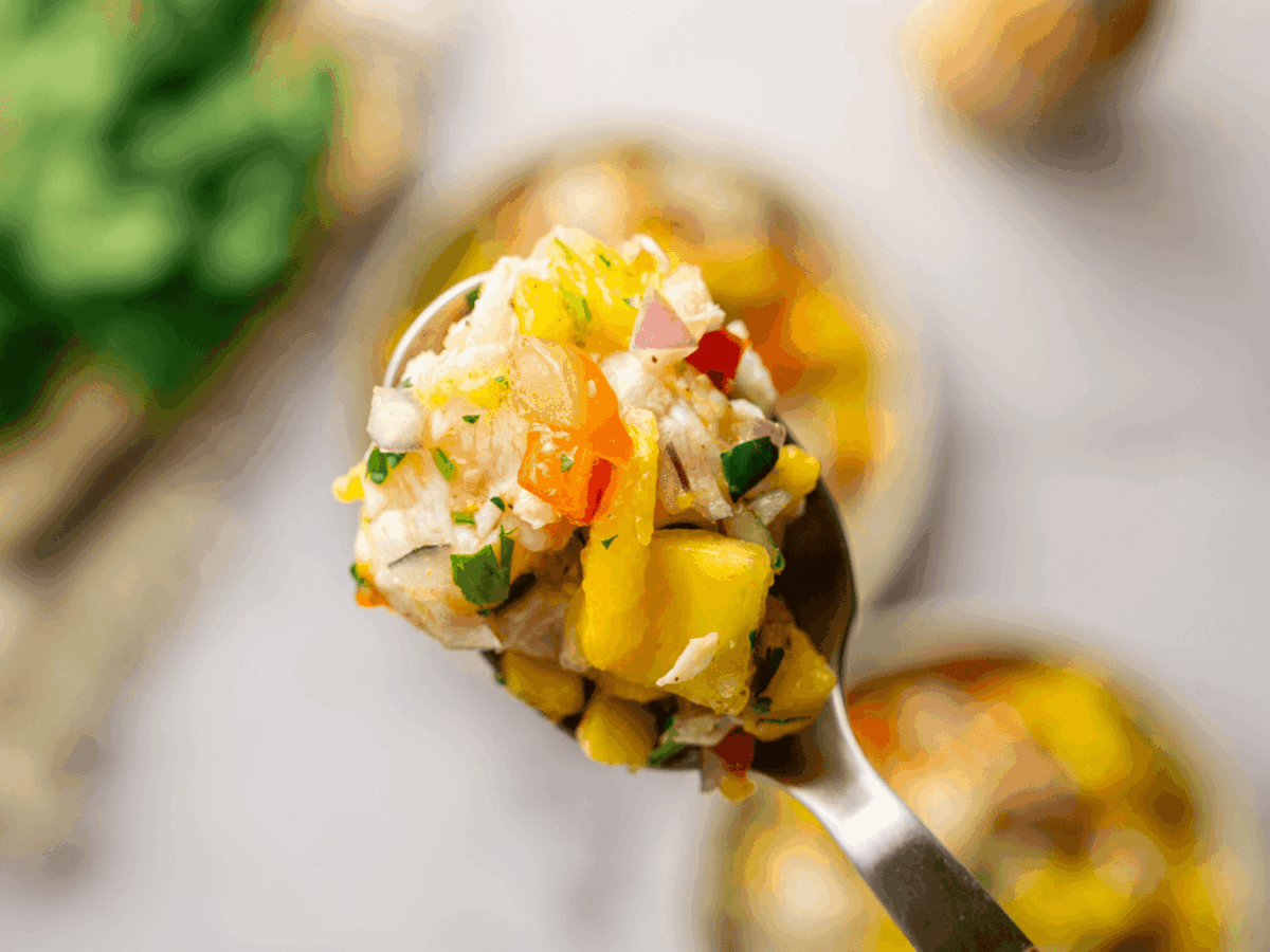 focused photo of a spoonful of mango ceviche