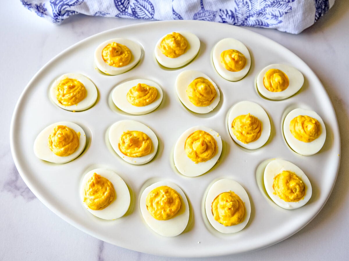 overhead photo of Deviled Eggs in a white tray