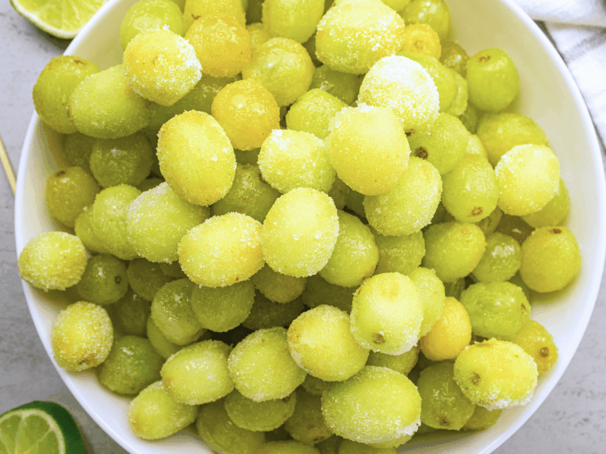 overhead photo of a large bowl of Sour Patch Grapes