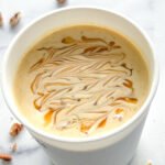 overhead photo of praline ice cream with caramel swirls