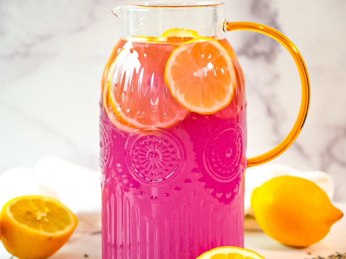 photo of a lavender lemonade in a pitcher