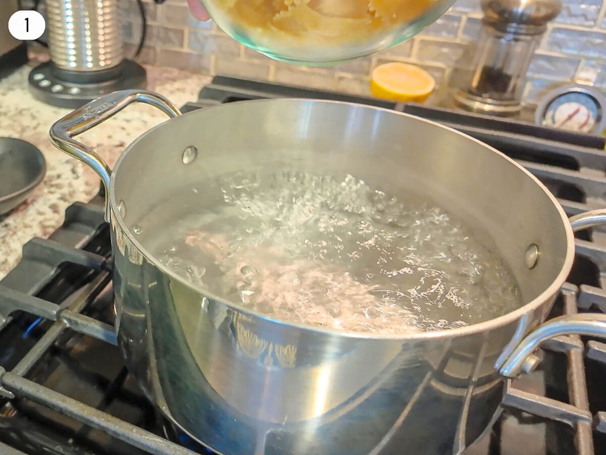 step 1 photo of a pot of salted boiling water