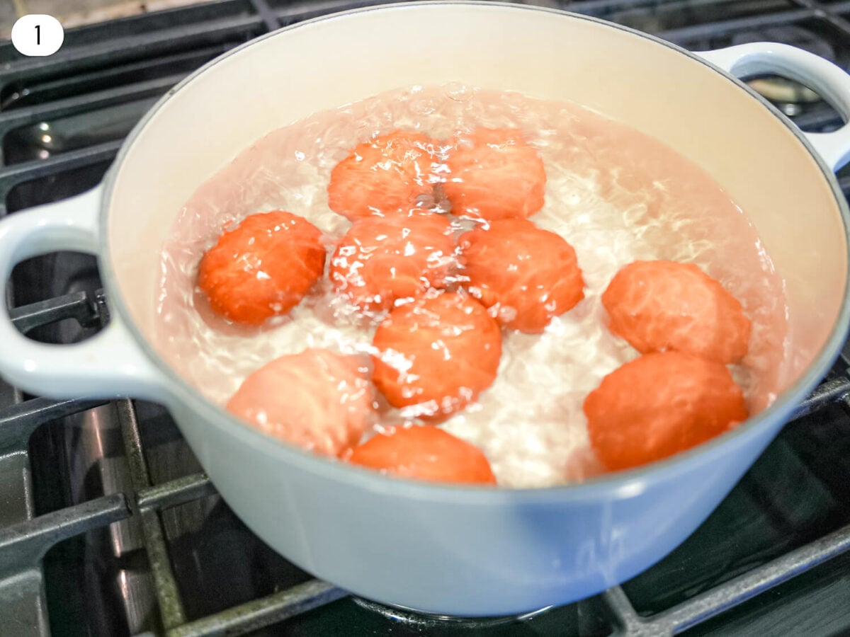 step 1 photo of eggs boiling in a pot