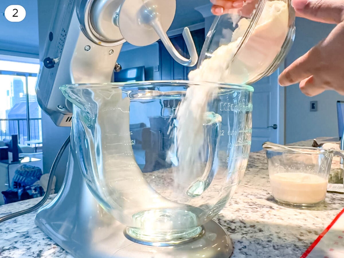 step 2 photo of flour being added to the mixer