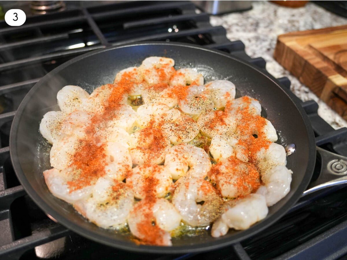 step 3 photo of sautéed shrimp seasoned with salt, pepper, and old bay