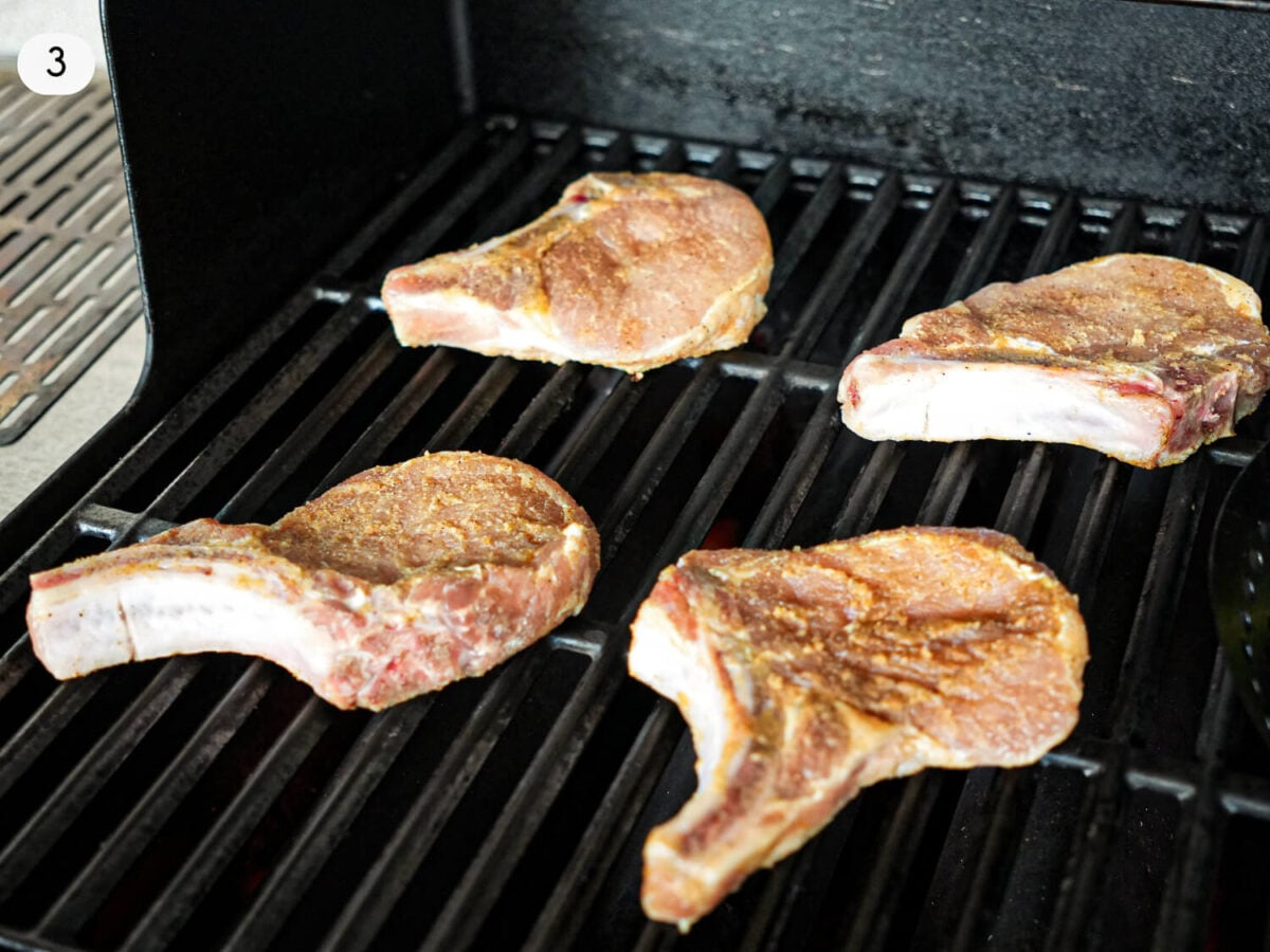 step 3 photo showing pork shops on the grill