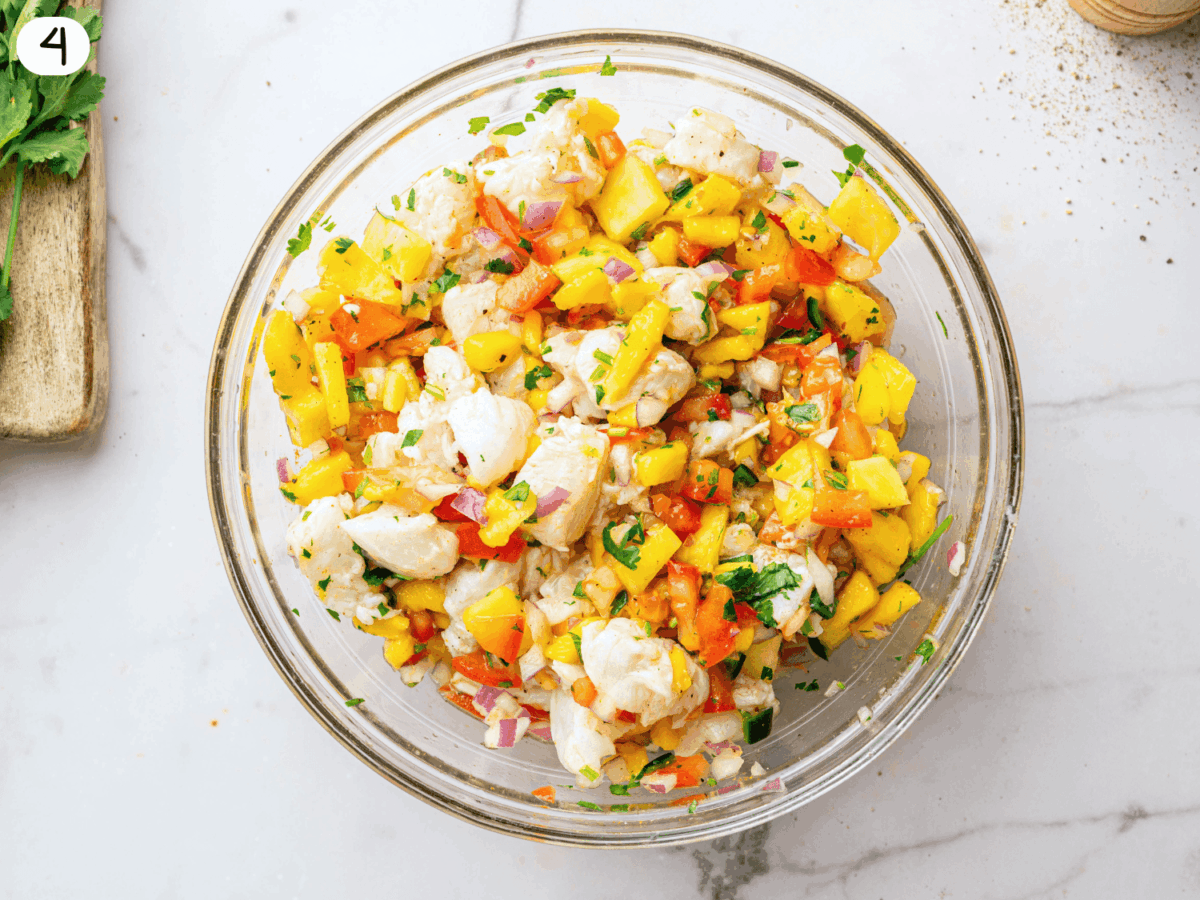 step 4 photo showing combined ingredients to make mango ceviche