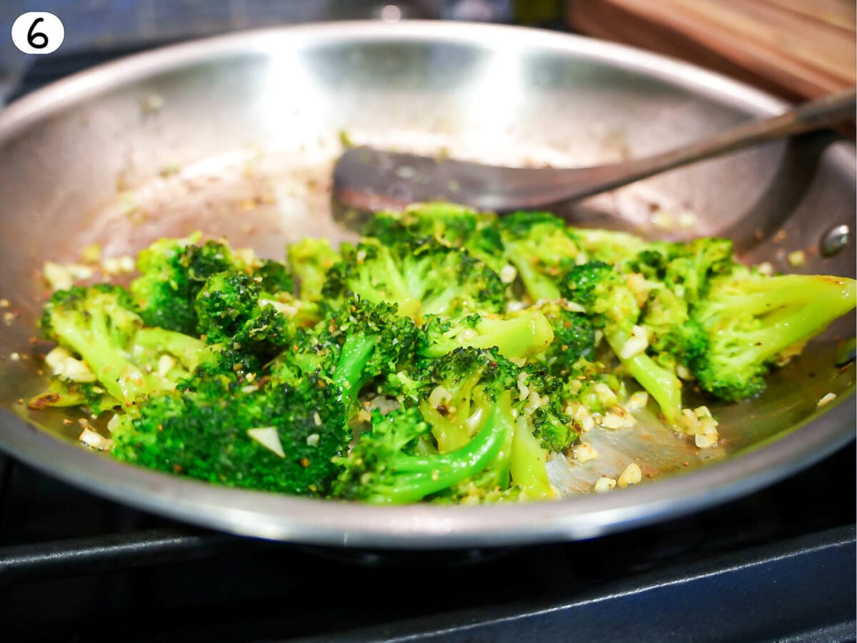 step 6 photo that shows cooked Sautéed Broccoli with garlic