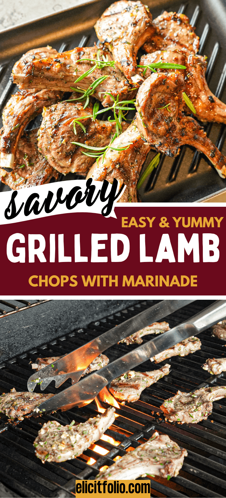 Pinterest pin showing cooked grilled lamb chops up top and lamb chops on the grill at the bottom