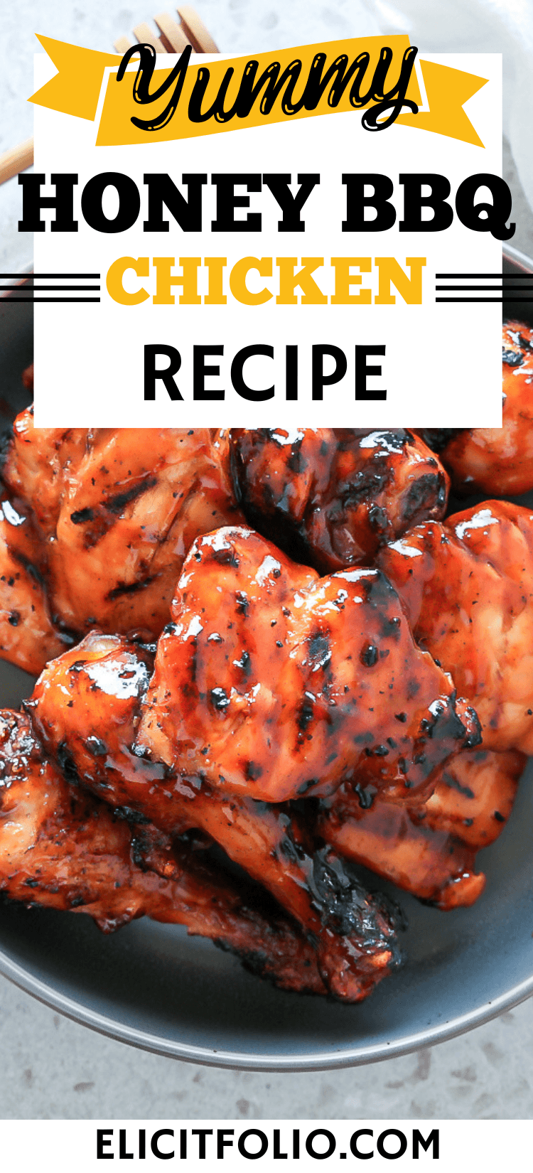 Pinterest pin photo showing honey bbq chicken in a gray bowl
