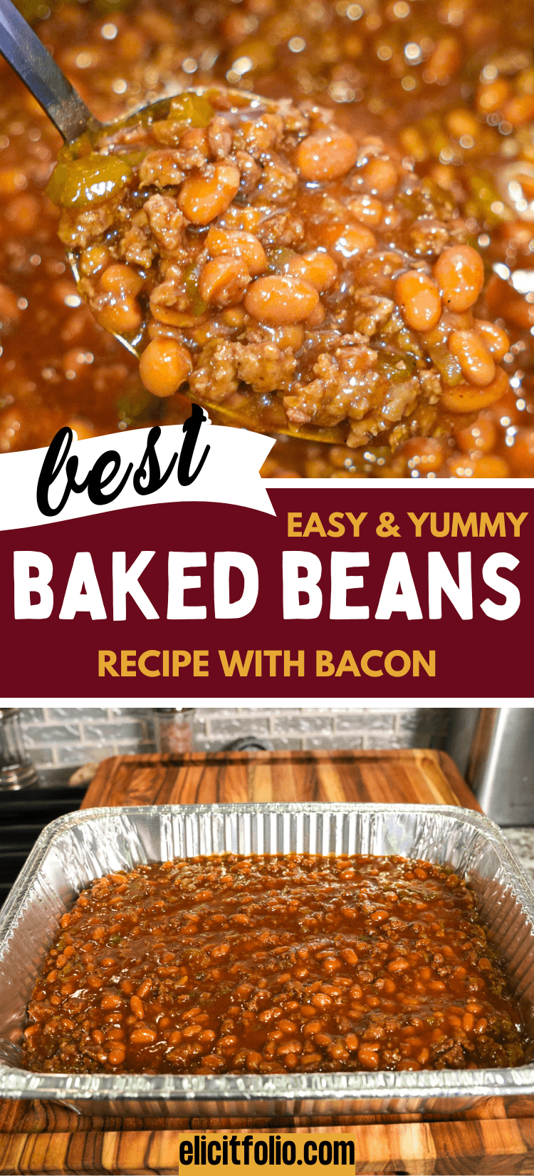 Baked beans pin by elicit folio Top photo shows a spoon full of baked beans and the bottom photo shows baked beans in a pan