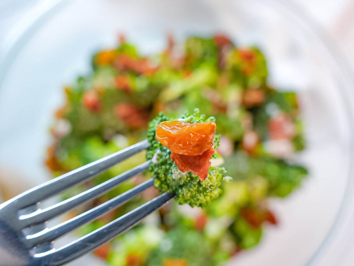 close up photo showing a piece of broccoli and golden raisin on a fork