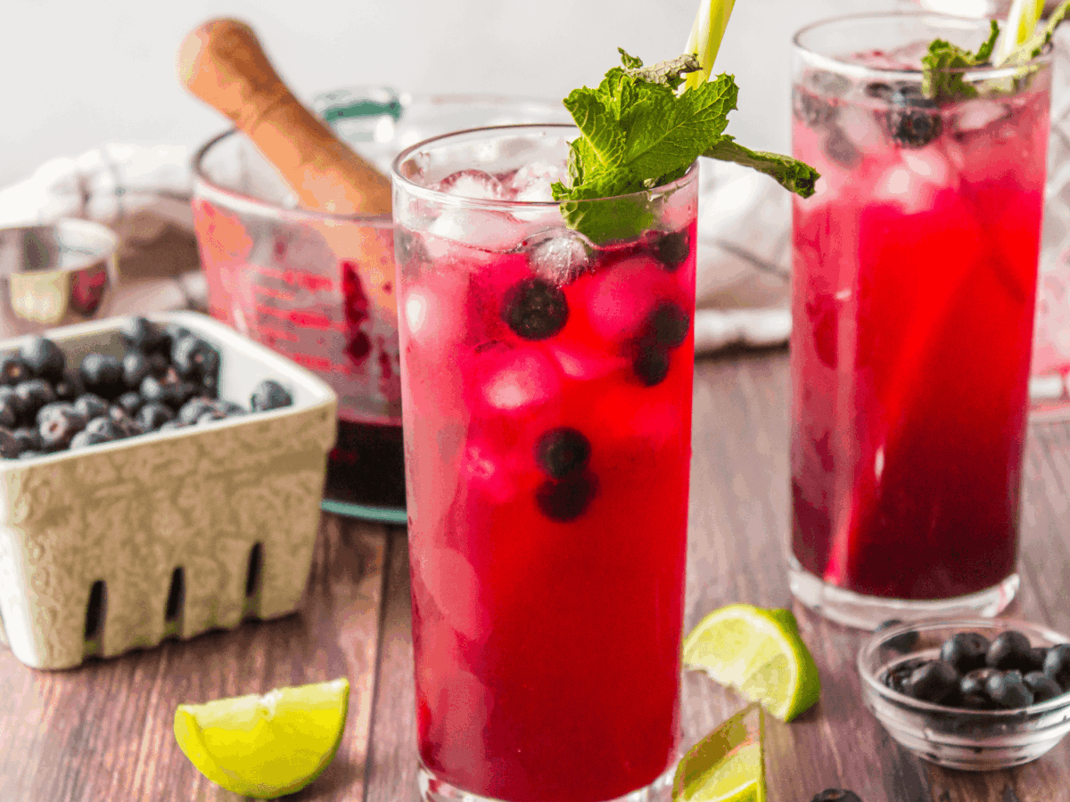 overhead photo of two blueberry mojitos