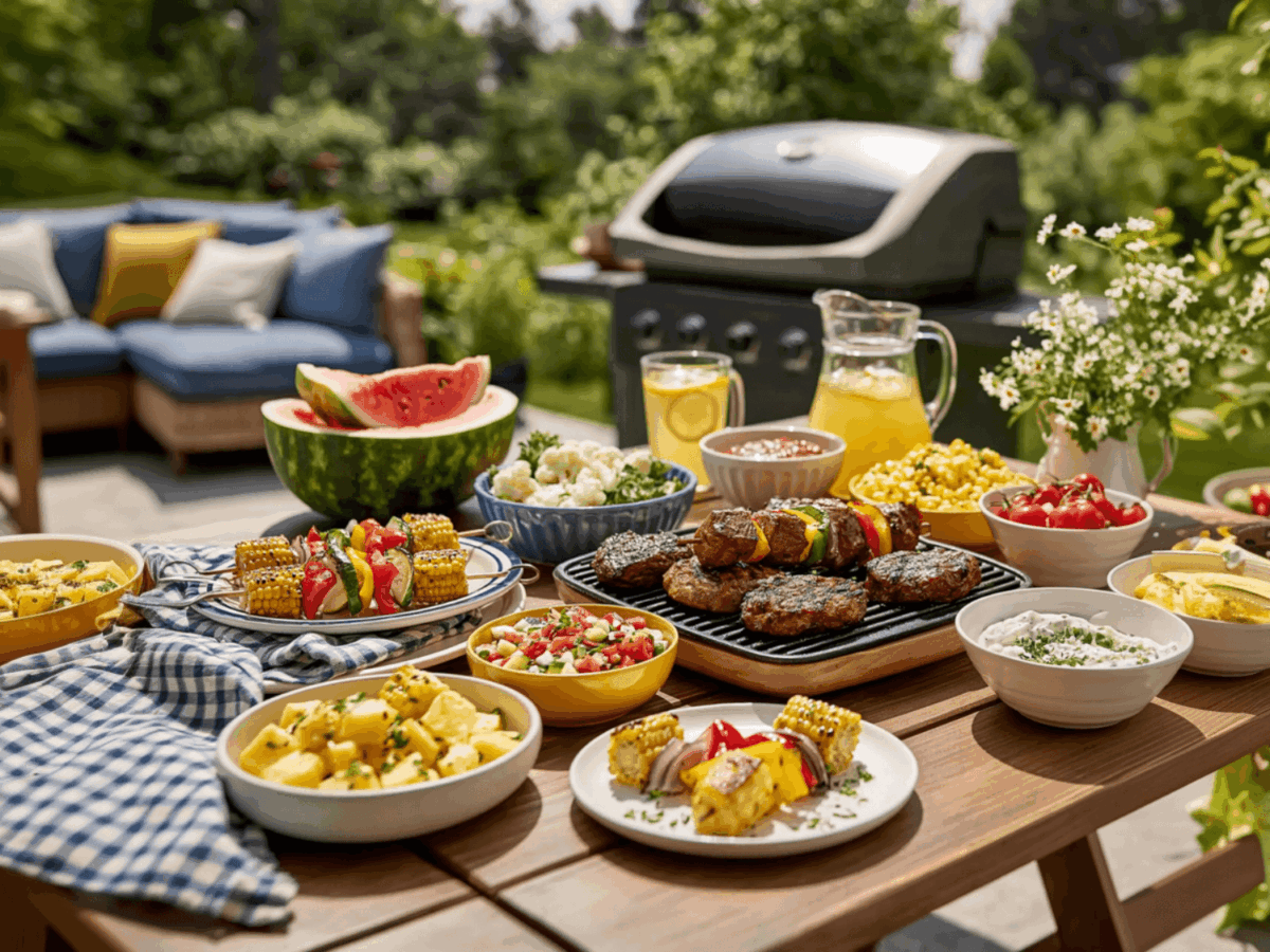 photo of a picnic table full of grilled foods and side dishes at a cookout