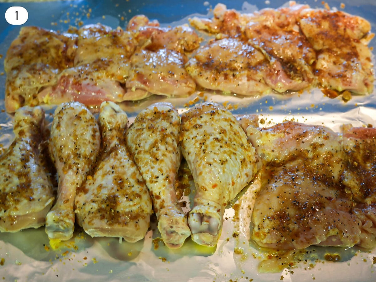step 1 photo of seasoned chicken on foil