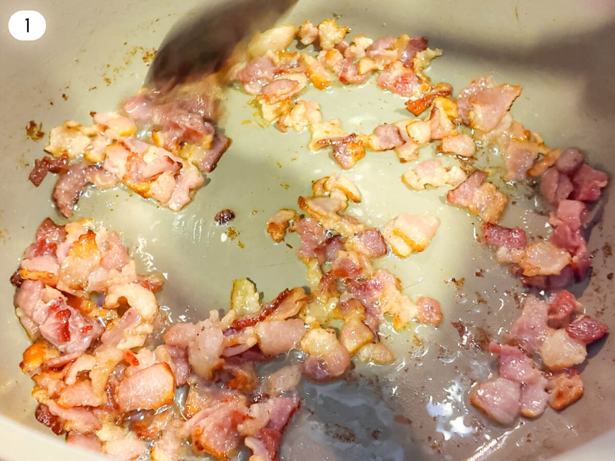 step 1 photo showing the cooking of the bacon