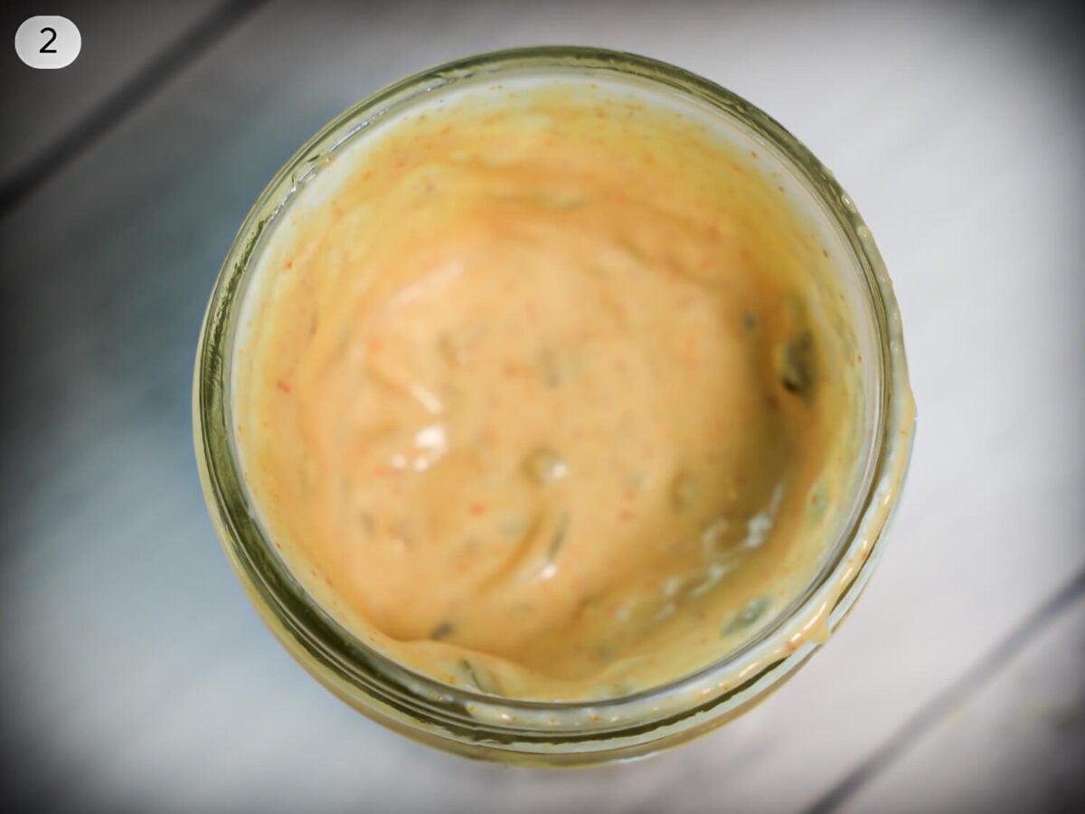 step 2 photo of Copycat Big Mac Sauce ingredients mixed together in a mason jar
