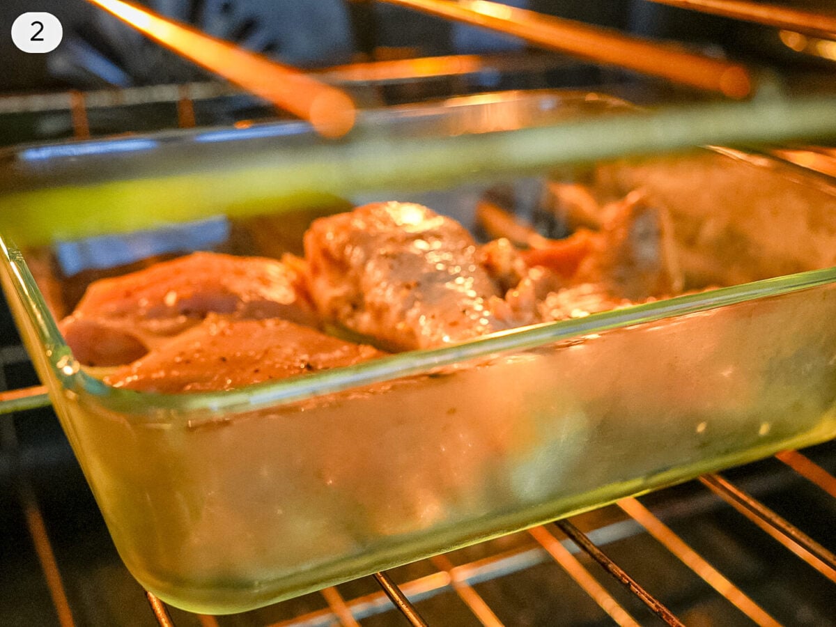 step 2 photo of seasoned chicken cooking uncovered in the oven