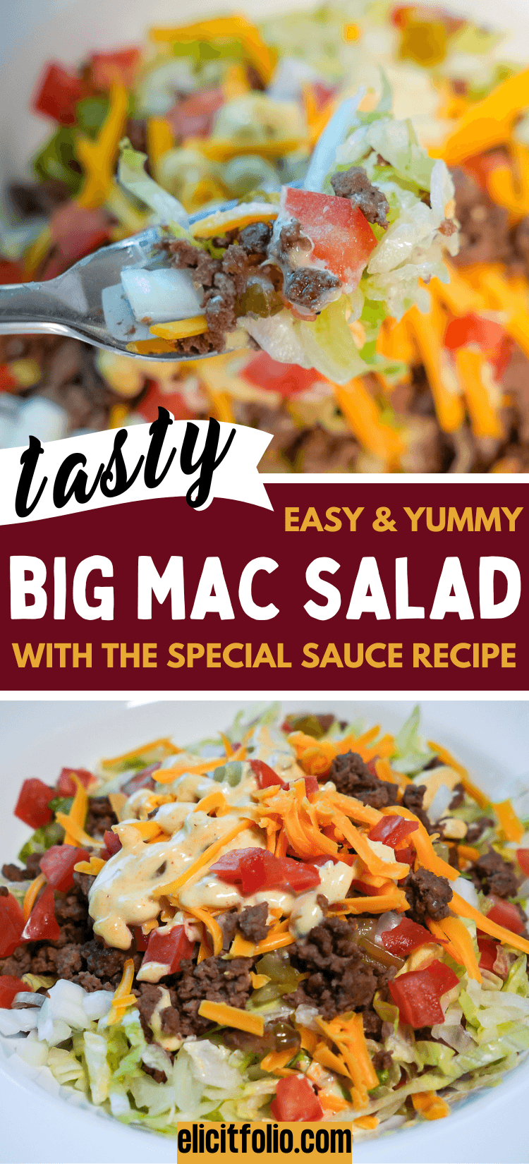 big mac salad pinterest pin with the salad on a fork in the top photo and a big mac bowl at the bottom