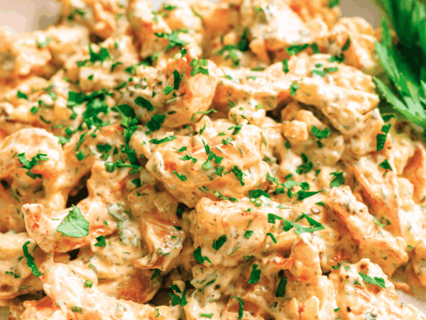 HERO close up photo of shrimp salad with parsley on top