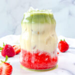 HERO photo showing a strawberry matcha on a marble surface