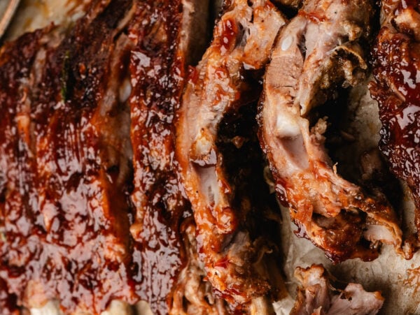 Overhead photo of cooked bbq baby back ribs