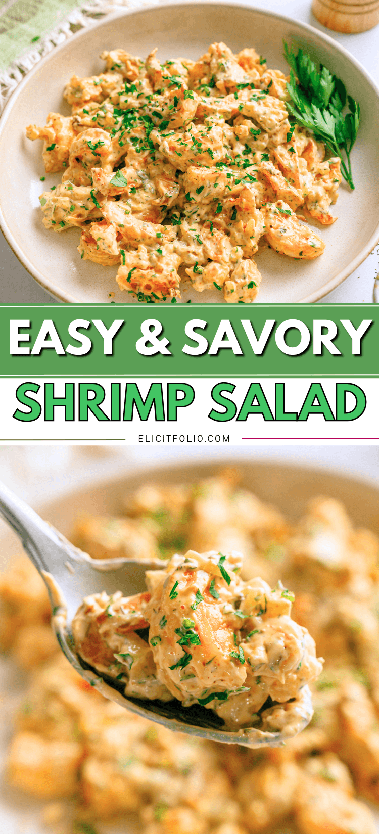 Pinterest pin showing a plate full of shrimp salad and the bottom photo shows a large shrimp on a spoon