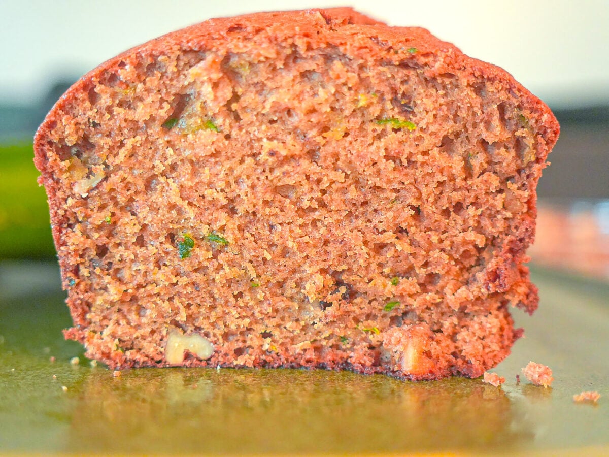 close up photo of the inside of the Zucchini Bread after it is sliced