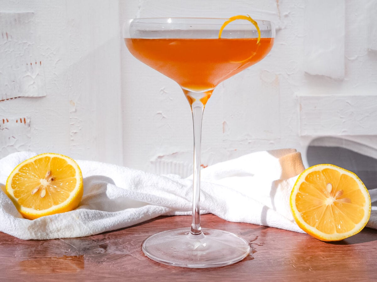 full glass view of the Hennessy Sidecar cocktail in a coupe glass