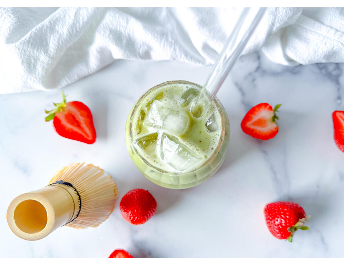 overhead photo of a strawberry matcha