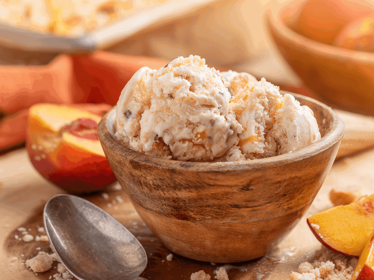 photo showing peach cobbler Ice Cream in a wooden bowl with a silver spoon
