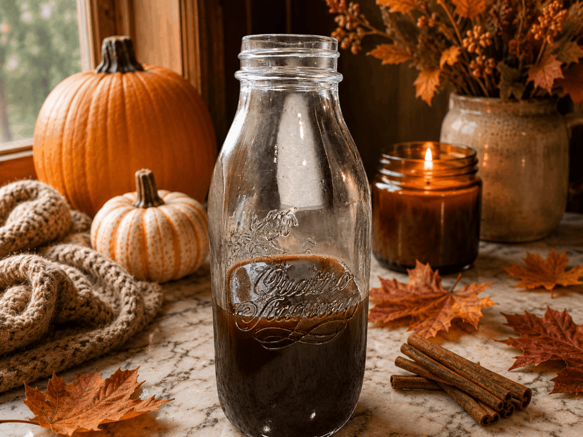 shot of Pumpkin Spice Syrup with pumpkins and leaves
