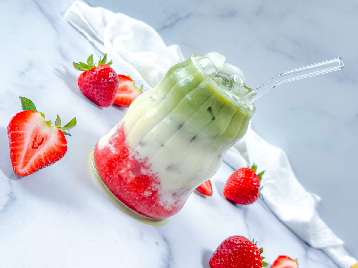 side view photo of a strawberry matcha