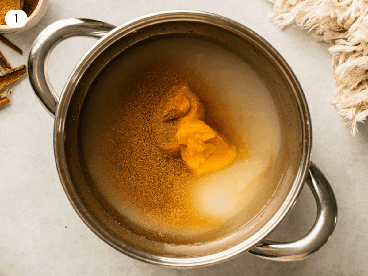 step 1 photo of combining Pumpkin Spice Syrup ingredients into a sauce pan