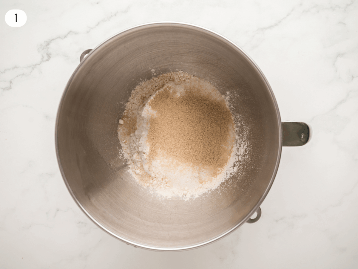 step 1 photo showing dry dough ingredients in a mixing bowl