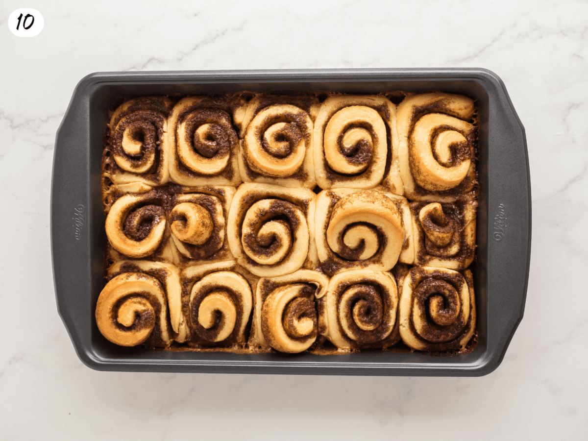 step 10 photo showing cinnamon rolls after baking