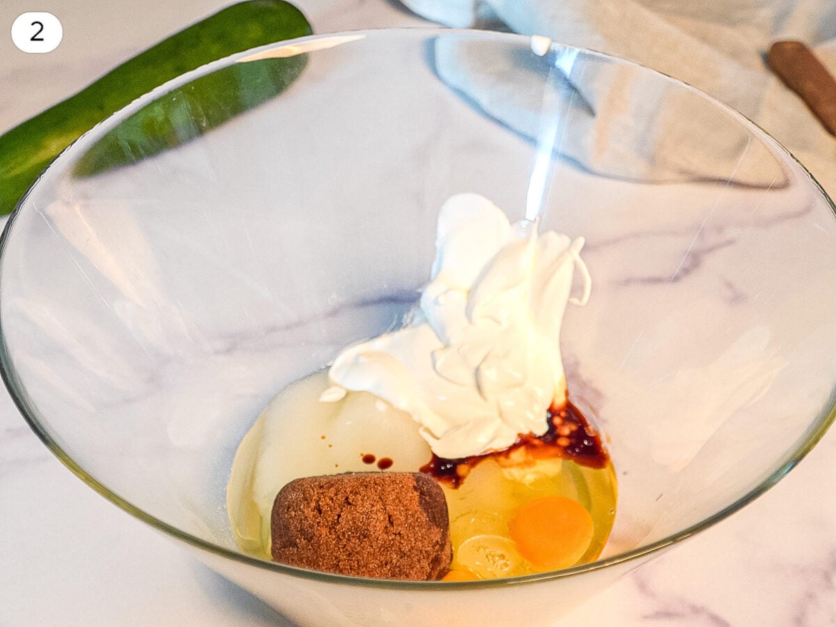 step 2 photo showing wet ingredients in a glass bowl