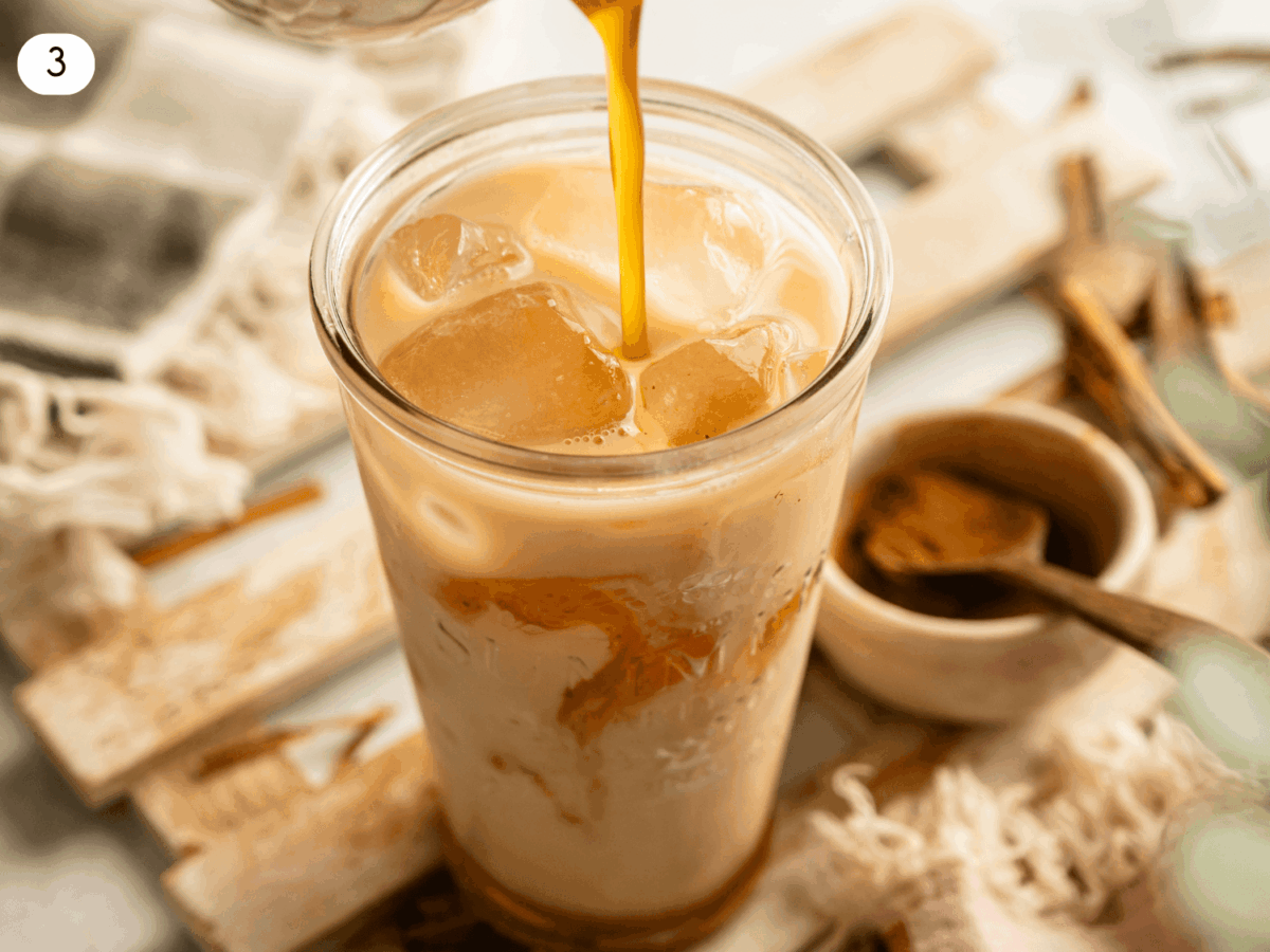 step 3 photo showing assembly of iced pumpkin cream chai