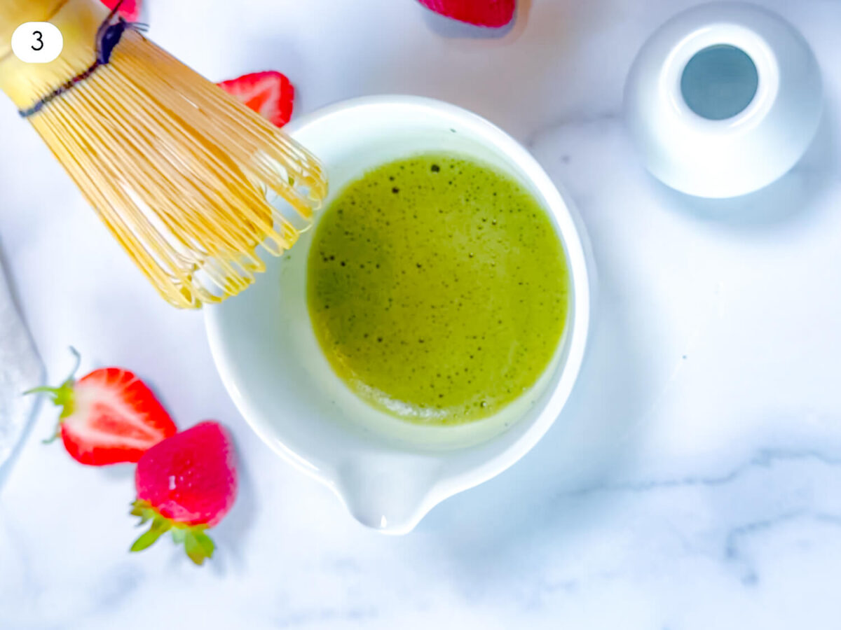 step 3 photo showing matcha after its whisked