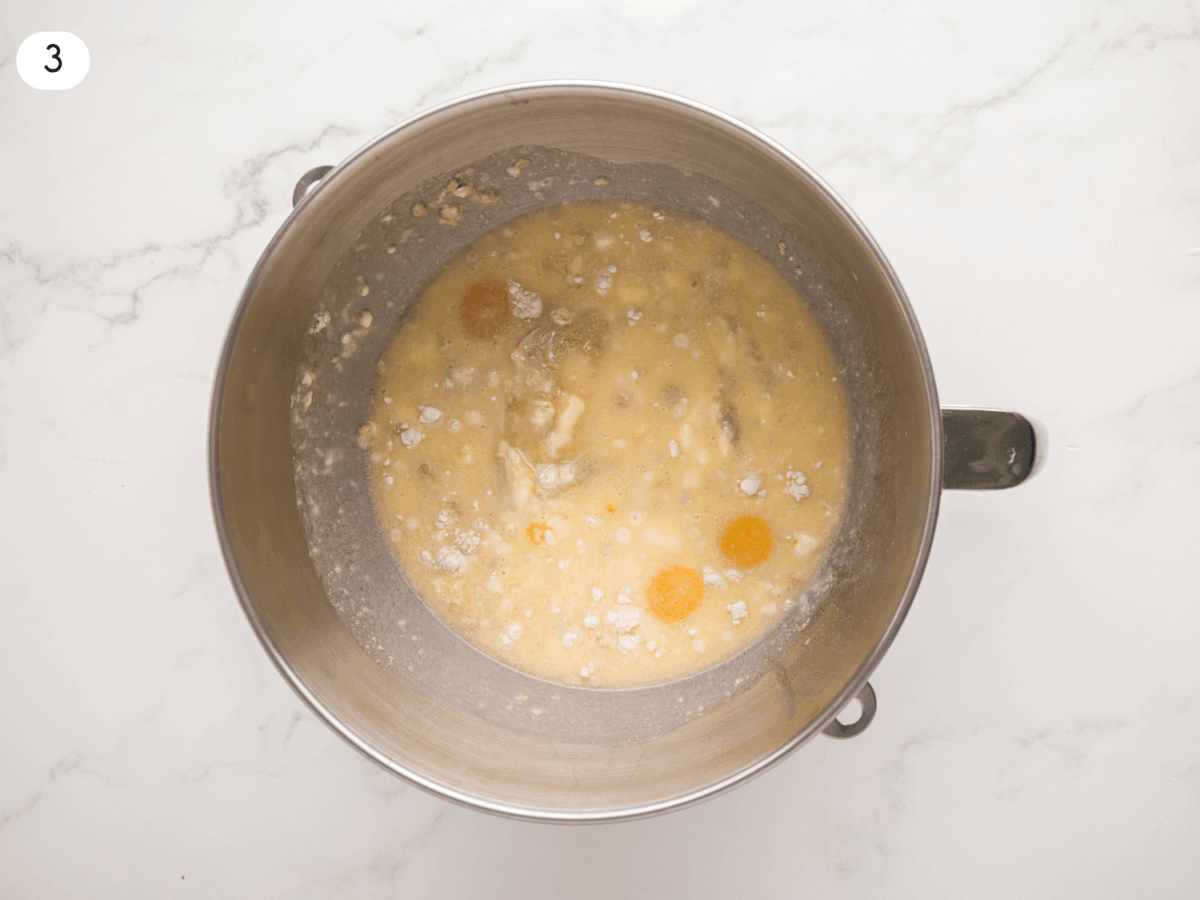 step 3 photo showing wet and dry ingredients together in a bowl before they're mixed together