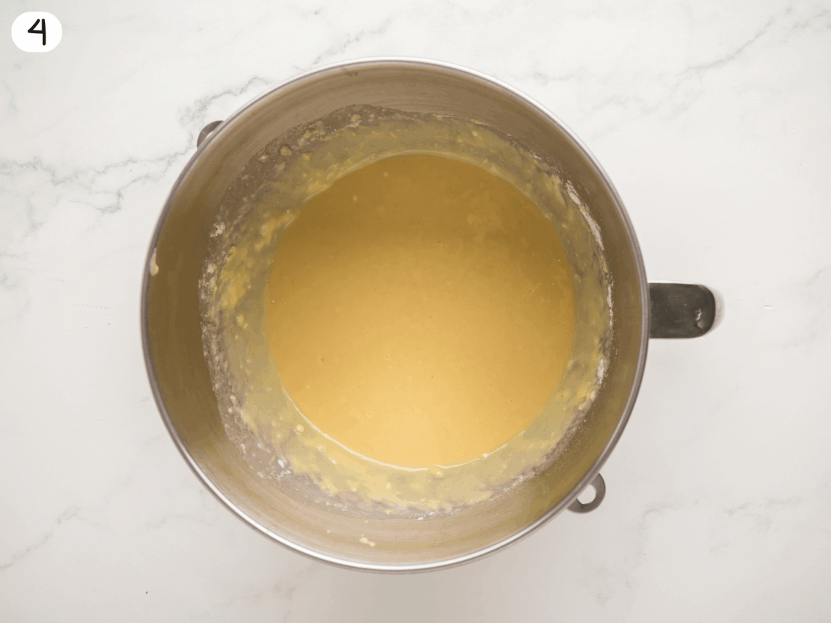 step 4 photo showing batter that is mixed together but need to be scrapped from the side of the bowl
