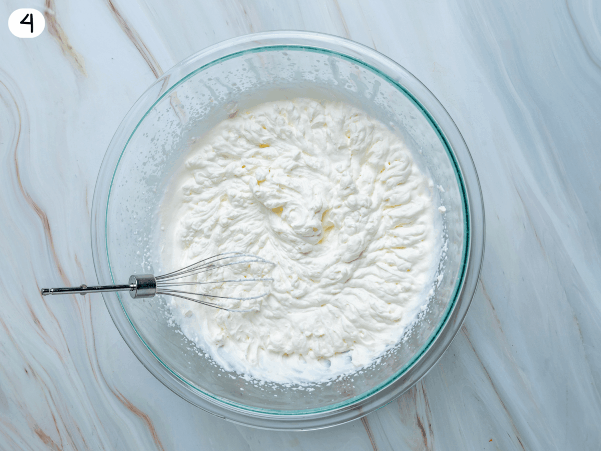 step 4 photo showing whipped heavy cream with stiff peaks
