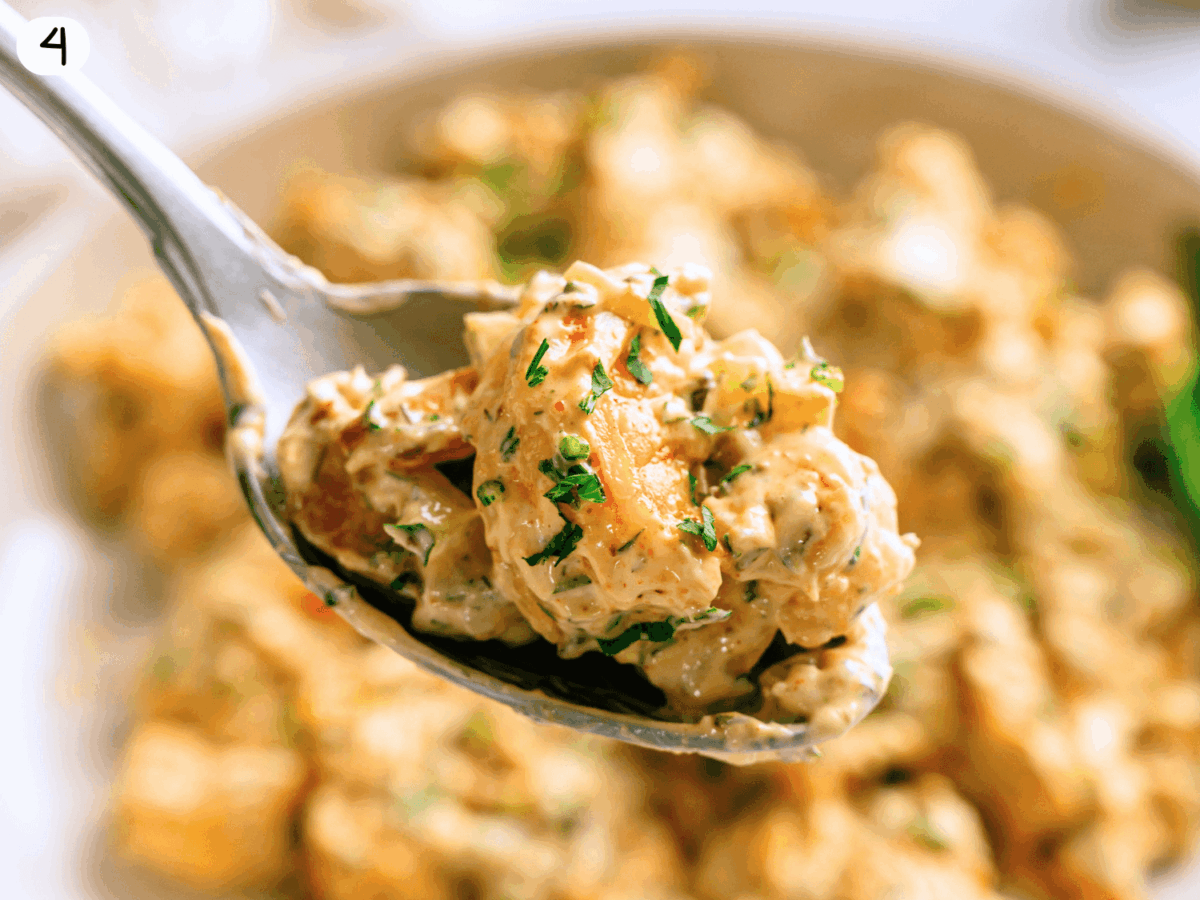 step 4 showing finished shrimp salad on a spoon