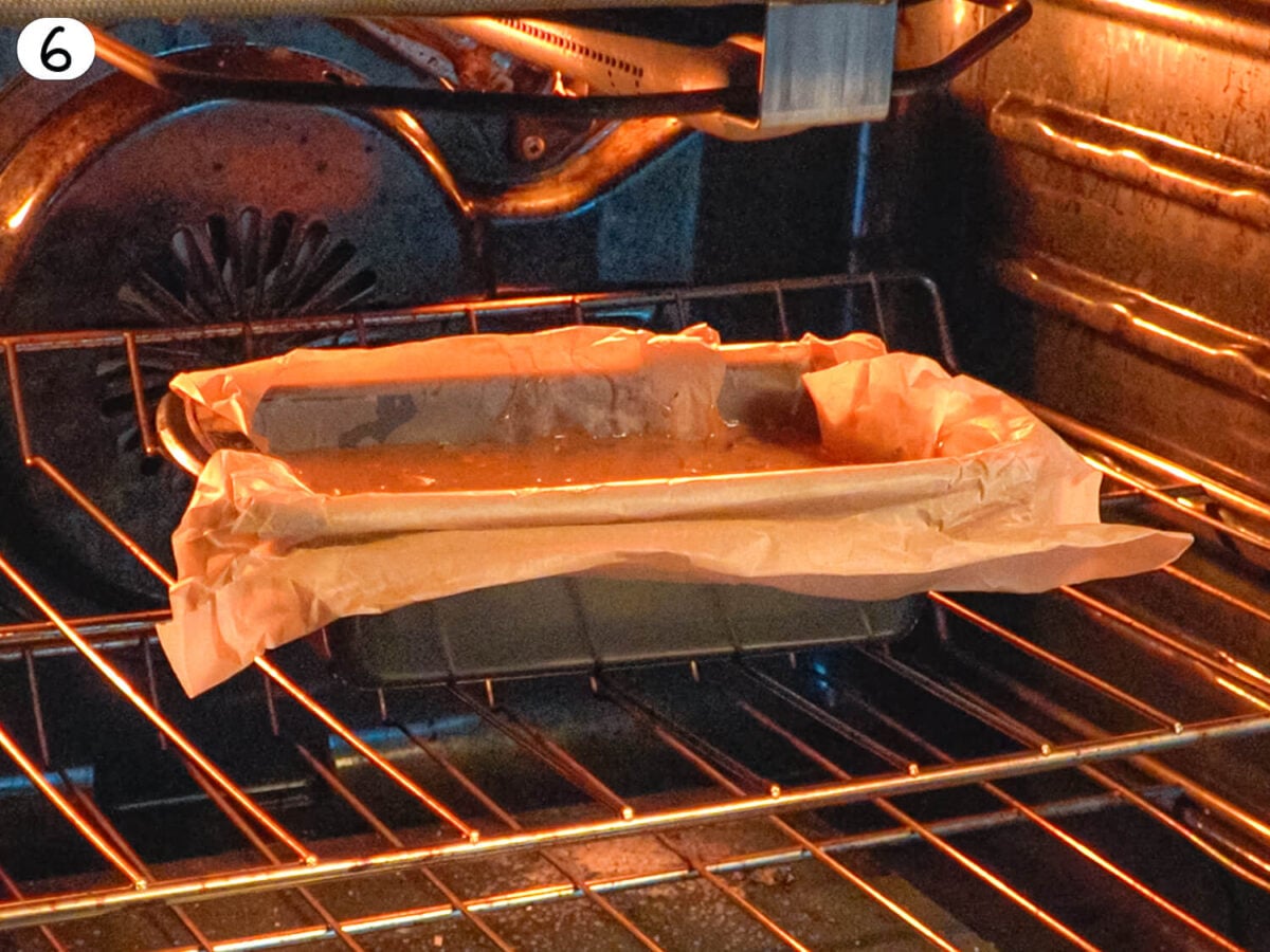 step 6 photo showing Zucchini Bread batter baking in the oven